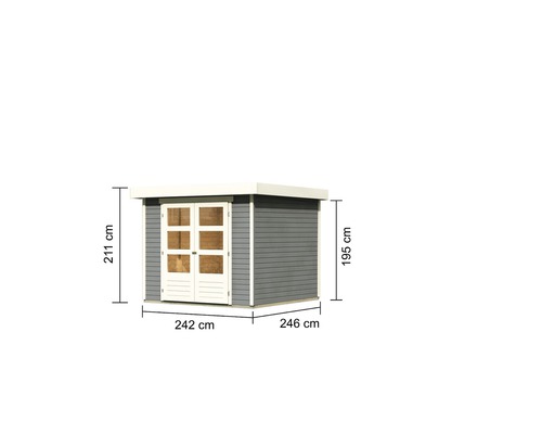 Gartenschrank aus Holz mit den Maßen 211 cm Höhe, 242 cm Breite und 246 cm Tiefe