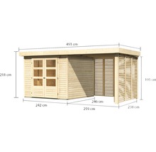 Gartenhaus Karibu Kodiak 3,5 inkl. Anbaudach 2,4 m, Feuerholzoption 491 x 262 cm natur
