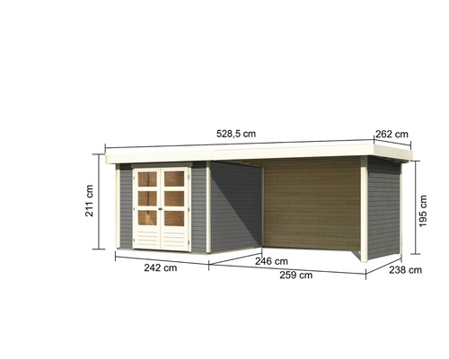 Abbildung eines Gartenhauses mit Maßangaben