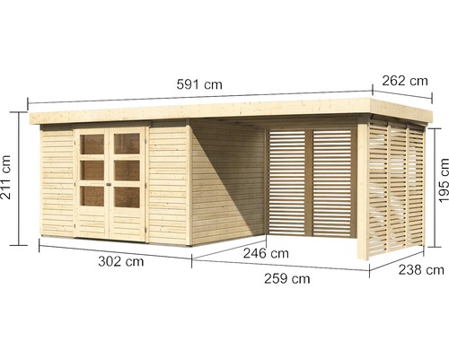 Abbildung eines Gartenhauses aus Holz mit Maßangaben
