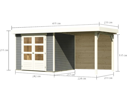 Holzgartenhaus mit Anbau und Maßangaben