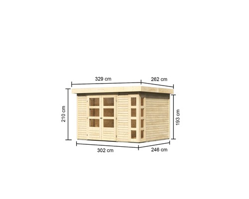 Abbildung eines Gartenhauses mit den Maßen 329 mal 262 mal 210 Zentimeter