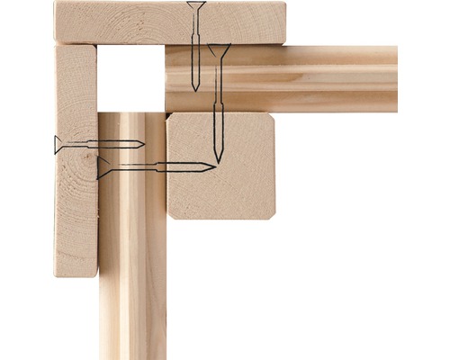 Detailansicht einer Holzkonstruktion, die mit Schrauben befestigt ist