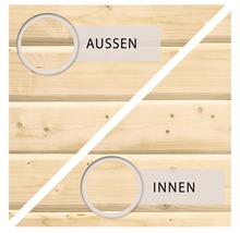 Holzfassade mit Kennzeichnung für Außen- und Innenbereich