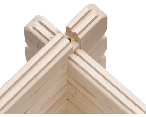 Eckverbindung aus Holz für ein Gartenhaus