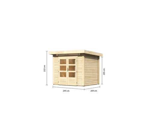 Gartenhaus aus Holz mit den Maßen 244 mal 204 mal 222 Zentimeter