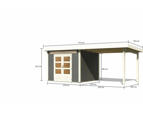 Gartenhaus mit Carport und Maßangaben