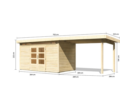 Abbildung eines Holzgartenhauses mit Abmessungen