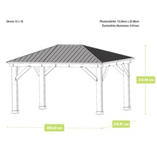 Technische Zeichnung eines Devon Pavillons 12 x 16 mit Maßangaben zu Pfosten- und Dachstärke.