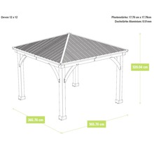 Abmessungen des Devon Pavillons 12 x 12 mit Pfostenstärke und Dachstärke aus Aluminium