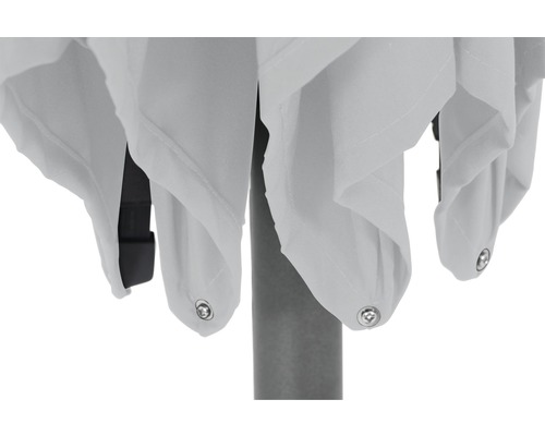 Detailansicht eines Sonnenschirms mit Stoffbespannung und Metallösen