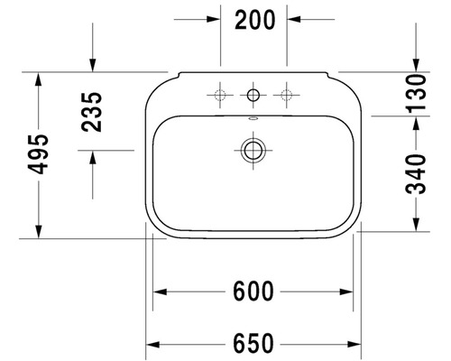 Technische Zeichnung eines Waschbeckens mit Maßangaben