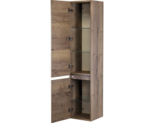 Hochschrank mit geöffneter Tür und Glasablagen für Badezimmer