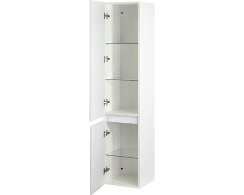 Hoher Badezimmerschrank mit offenen Türen und Glasablagen