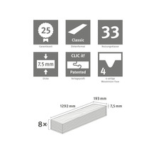 Informationen zu Laminat: Garantiezeit 25 Jahre, Dielenformat Classic, Nutzungsklasse 33, Dicke 7,5 mm, Verlegeprofil Clic it, vierseitige Woodvision Fase, Maße 1292 mal 193 mm, acht Elemente
