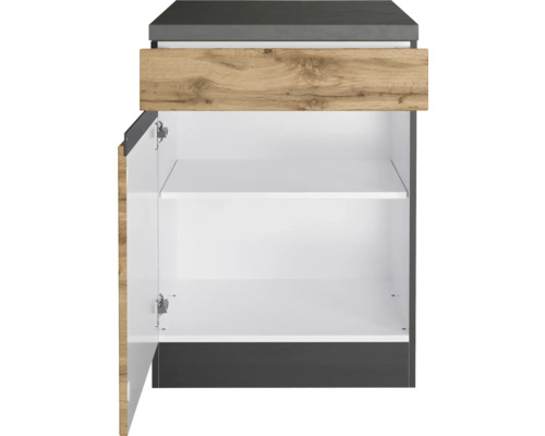 Waschtischunterschrank mit offener Tür und Regalböden