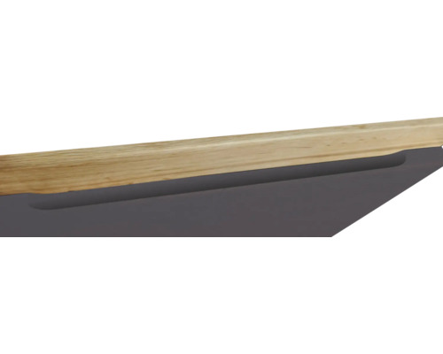 Detailansicht eines grauen Schreibtischs mit einer Tischplatte aus Holz