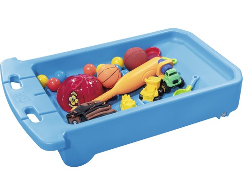 Blauer Spielzeugbehälter mit Spielzeug