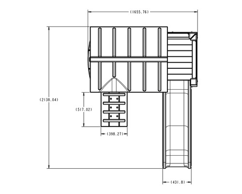 Technische Zeichnung eines Spielhauses mit Rutsche und Leiter mit Maßangaben