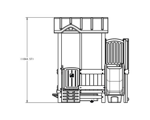 Technische Zeichnung eines Spielhauses mit Rutsche und den Maßangaben.