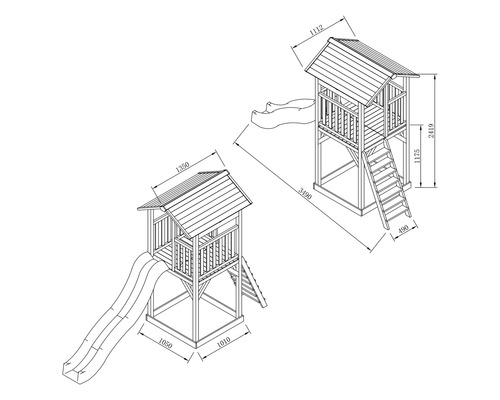 Technische Zeichnung eines Spielhauses mit Rutsche und Leiter mit Maßangaben