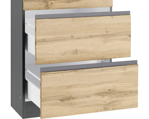 Badezimmerschrank mit offenen Schubladen in Holzoptik