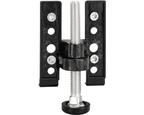 Verstellfuß mit schwarzer Kunststoffhalterung und Gewindespindel zur Höhenanpassung