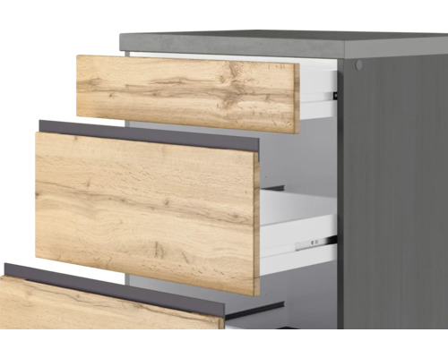 Unterschrank mit drei Schubladen und Holzdekorfront