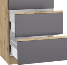 Waschbeckenunterschrank mit drei Schubladen in Holzoptik und Grau