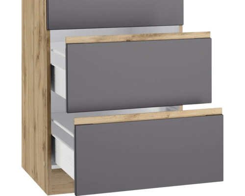 Waschbeckenunterschrank mit drei Schubladen in Holzoptik und Grau