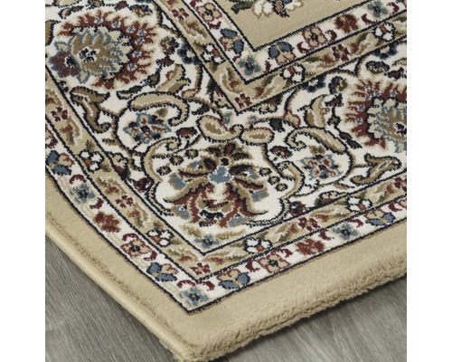 Detailansicht eines Teppichs mit floralem Muster und Bordüre