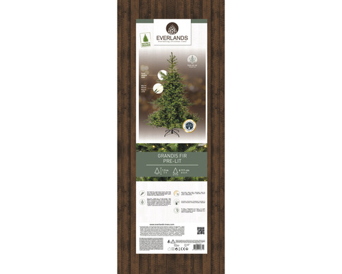 Verpackung einer Everlands Grandis Tanne mit Beleuchtung und einer Größe von 1,5 Metern