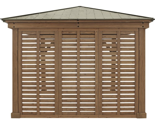 Holzpavillon mit Lamellenwänden und Metalldach