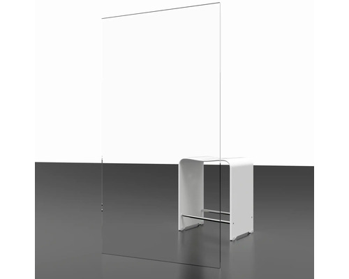 Transparente Acrylglasscheibe neben einem weißen Hocker