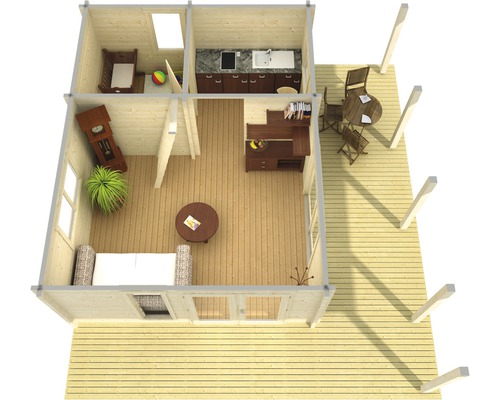Grundriss eines Holzhauses mit Terrasse, Wohnzimmer, Küche und Kinderzimmer