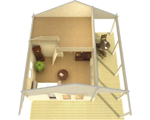 Draufsicht eines Holzhauses mit Terrasse, eingerichtet mit Möbeln und Dekoration