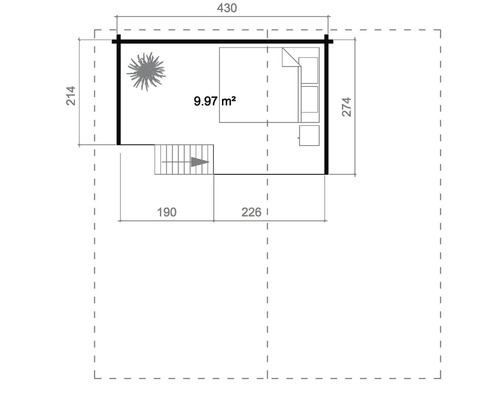 Grundrisszeichnung mit den Abmessungen 430 mal 274 Zentimeter und einer Fläche von 9,97 Quadratmetern