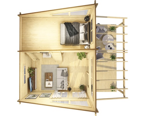 Innenansicht eines Holzhauses mit Schlafzimmer, Wohnzimmer und Terrasse