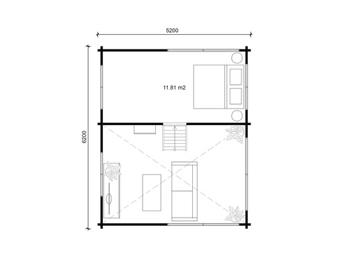 Grundriss eines zweistöckigen Hauses mit Möbeln und Abmessungen.