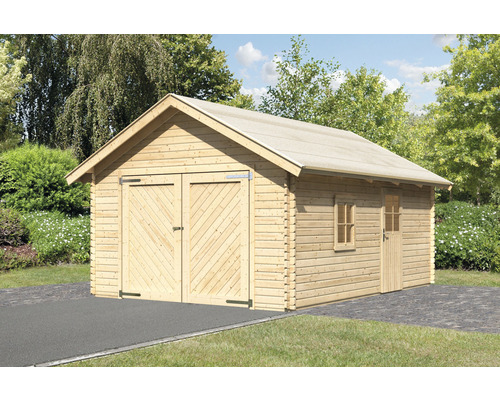 Holzgarage mit Doppeltor, Seitentür und Fenster im Garten