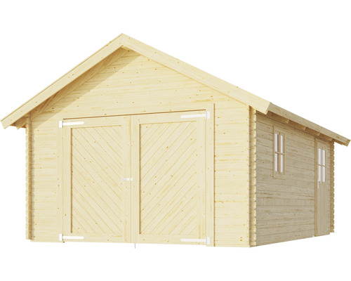 Holzgarage mit Doppeltür und Fenstern