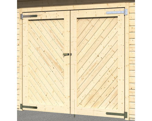 Holz Doppeltür mit diagonaler Bretterstruktur für Gartenhaus oder Geräteschuppen