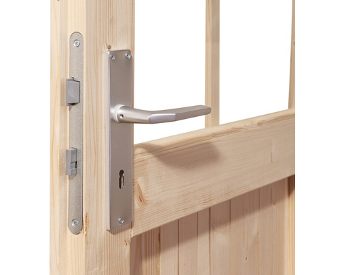 Holztür mit Schloss und Türgriff aus Metall