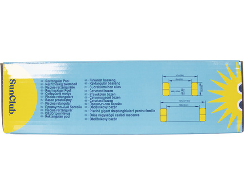 SunClub Verpackung mit Informationen zu rechteckigen Pools und Maßangaben