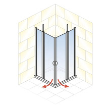 Eckdusche mit Glastüren und Pfeilen, die die Türbewegung anzeigen.