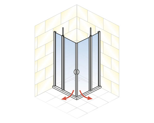 Eckdusche mit Glastüren und Pfeilen, die die Türbewegung anzeigen.