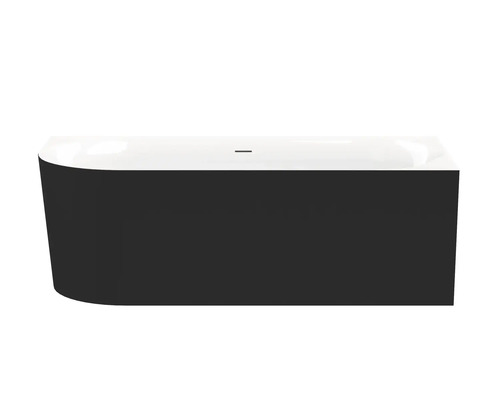 Freistehende Badewanne mit rechteckiger Form und abgerundeter Seite.