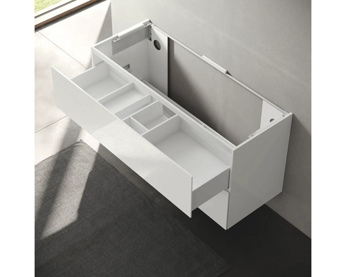 Weißer Waschtischunterschrank mit Schublade zur Wandmontage im Badezimmer.