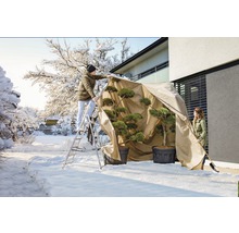 Personen schützen Pflanzen mit einer Winterschutzhülle im Garten