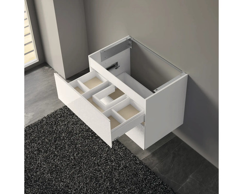 Weißer Waschtischunterschrank mit Schublade und Fächern zur Badezimmerausstattung